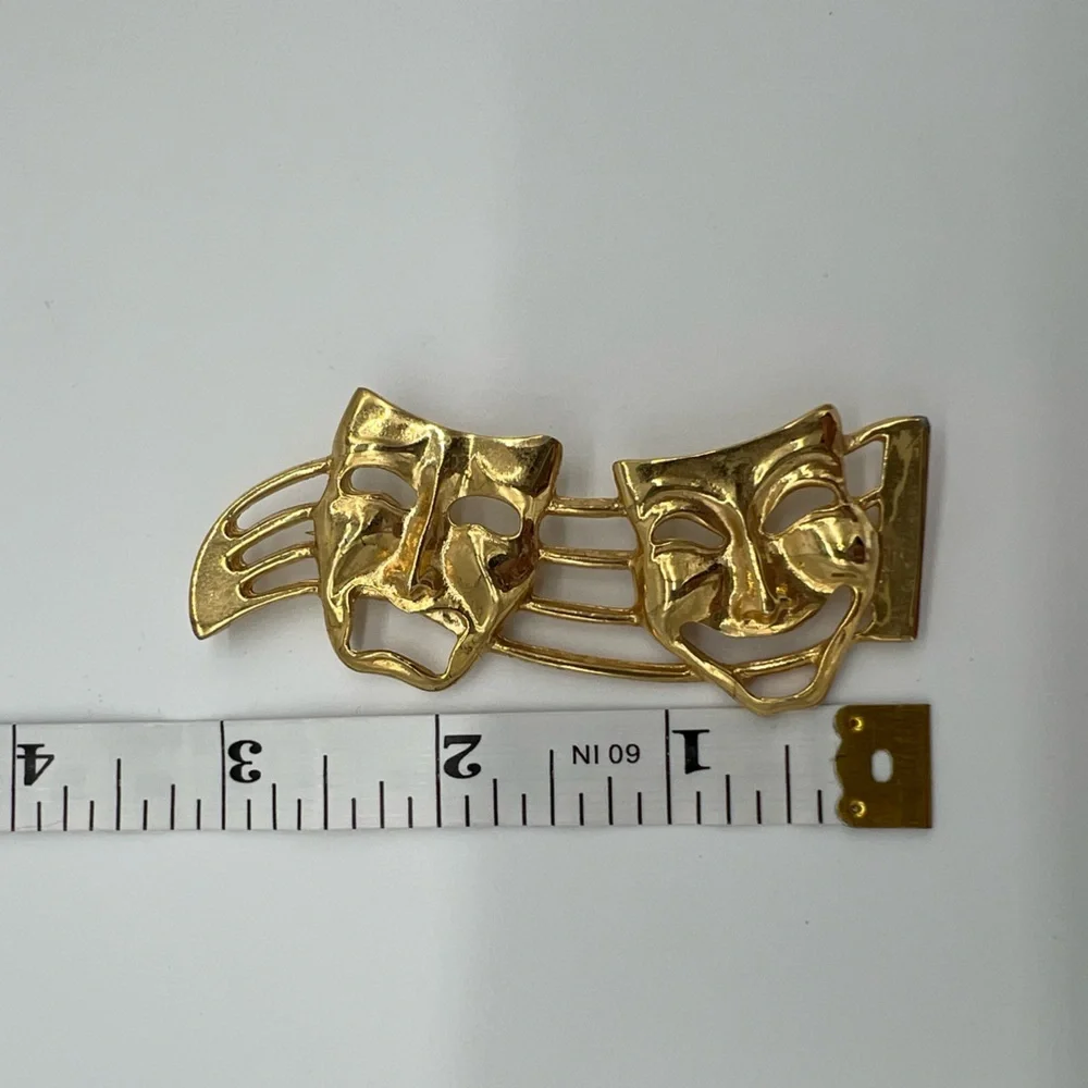 Vintage‎ Gold Tone Theater Mask Brooch – Comedy Tragedy Abstract Art Pin 3